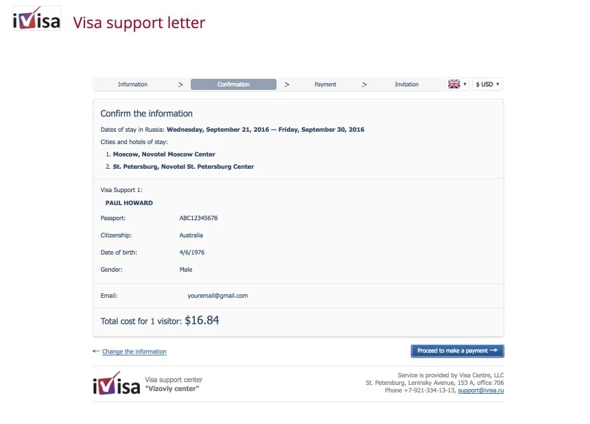 Step 2 of the iVisaOnline order form: confirming the entered information