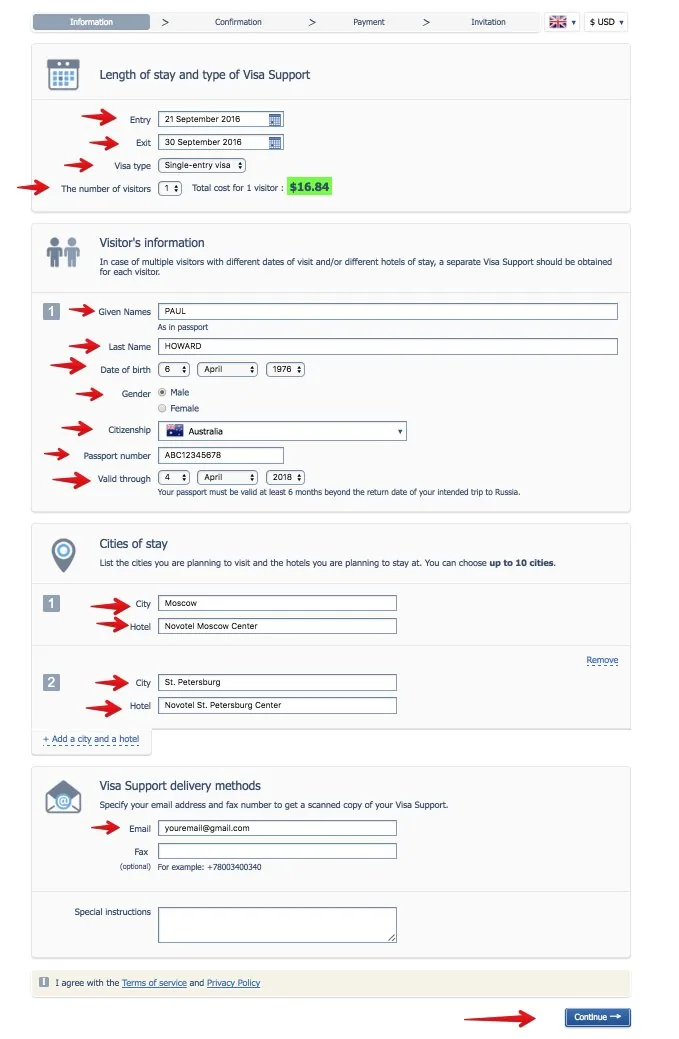 Step 1 of the iVisaOnline order form: length of stay, visa type and visitor information