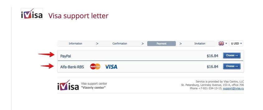 Step 3 of the iVisaOnline order form: payment by card or PayPal